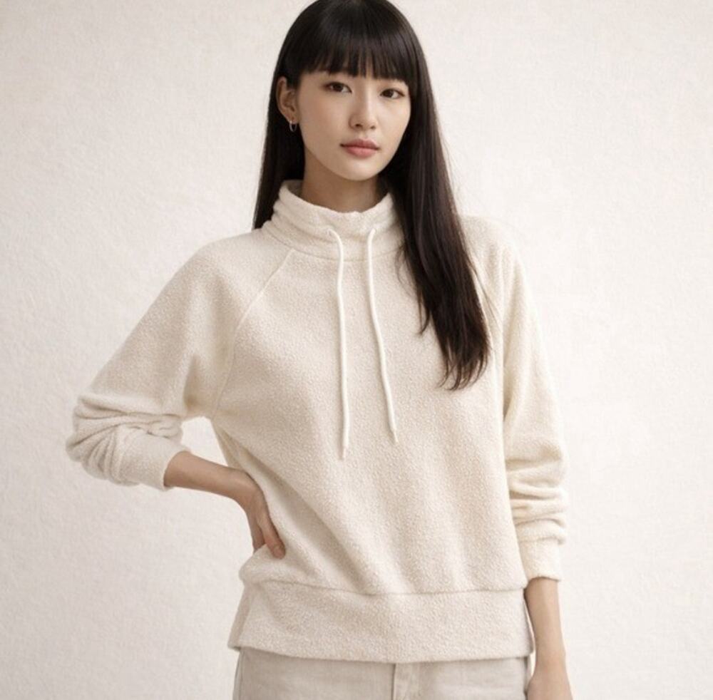 Varley Maceo Sweatshirt Ivory XS Mock Neck Drawstrings Long Sleeve Quiet Luxury